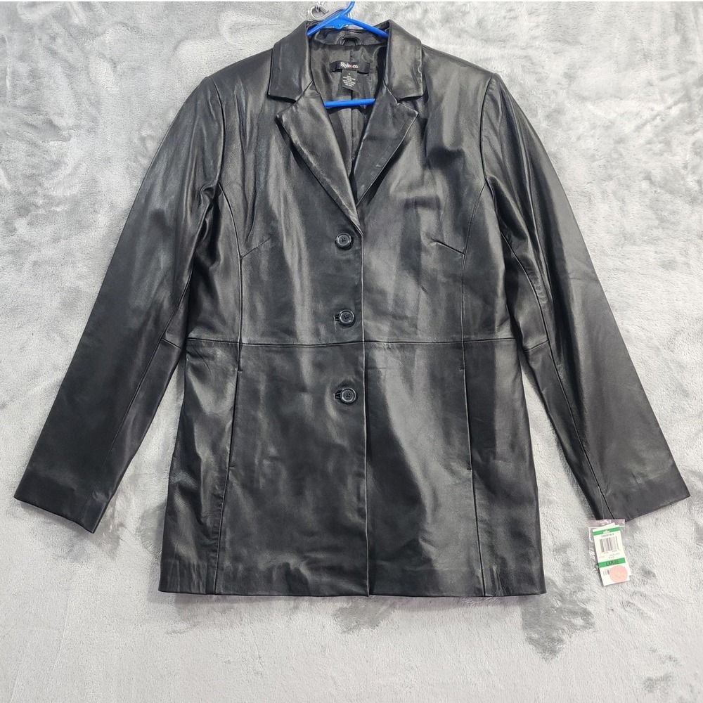 NEW Style&Co Coat Womens L Black Leather Button Front Mid Length Overcoat Blazer